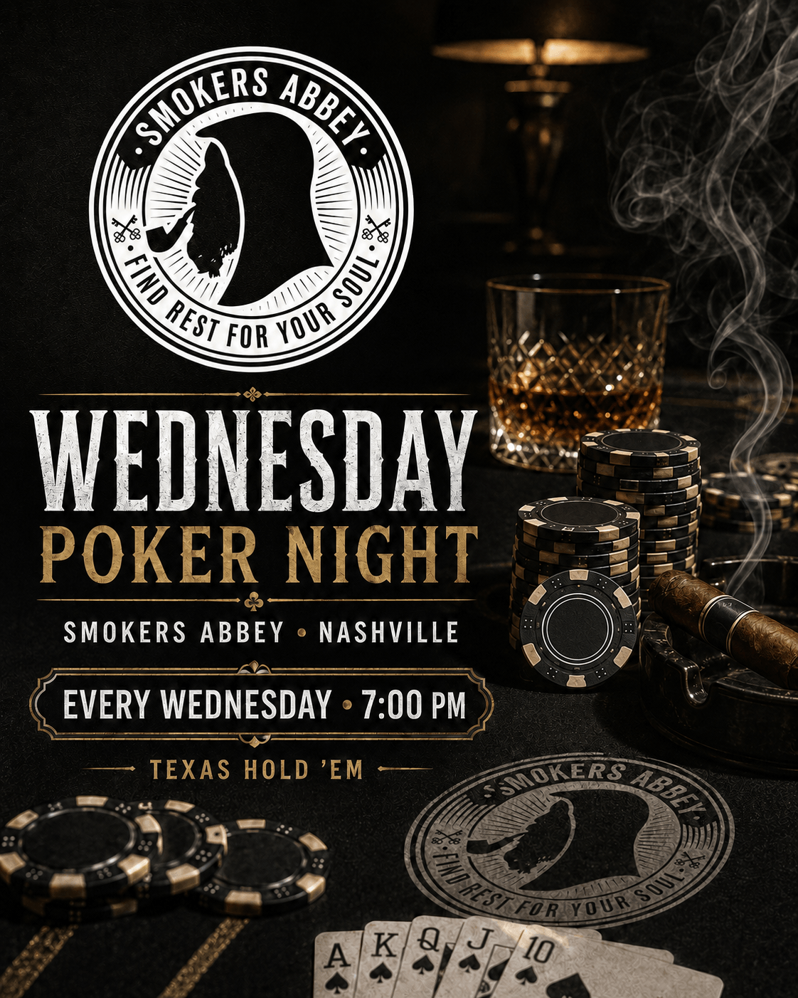 Wednesday Poker Night at Smokers Abbey Nashville, every Wednesday at 7:00 PM