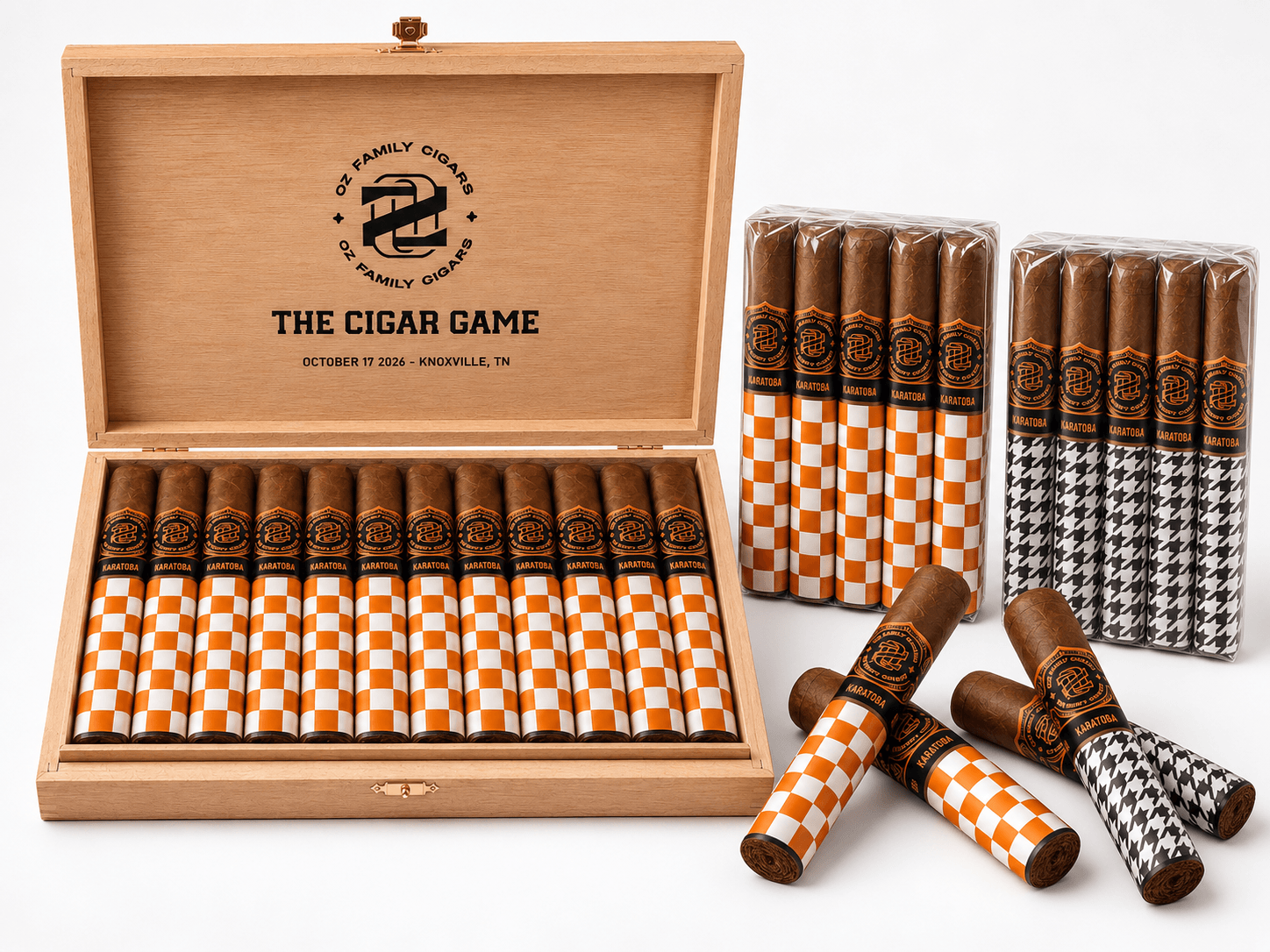 OZ Cigar Game 2026 Karatoba box and 5-packs with Tennessee orange-and-white checkerboard and Alabama Houndstooth black-and-white sleeves