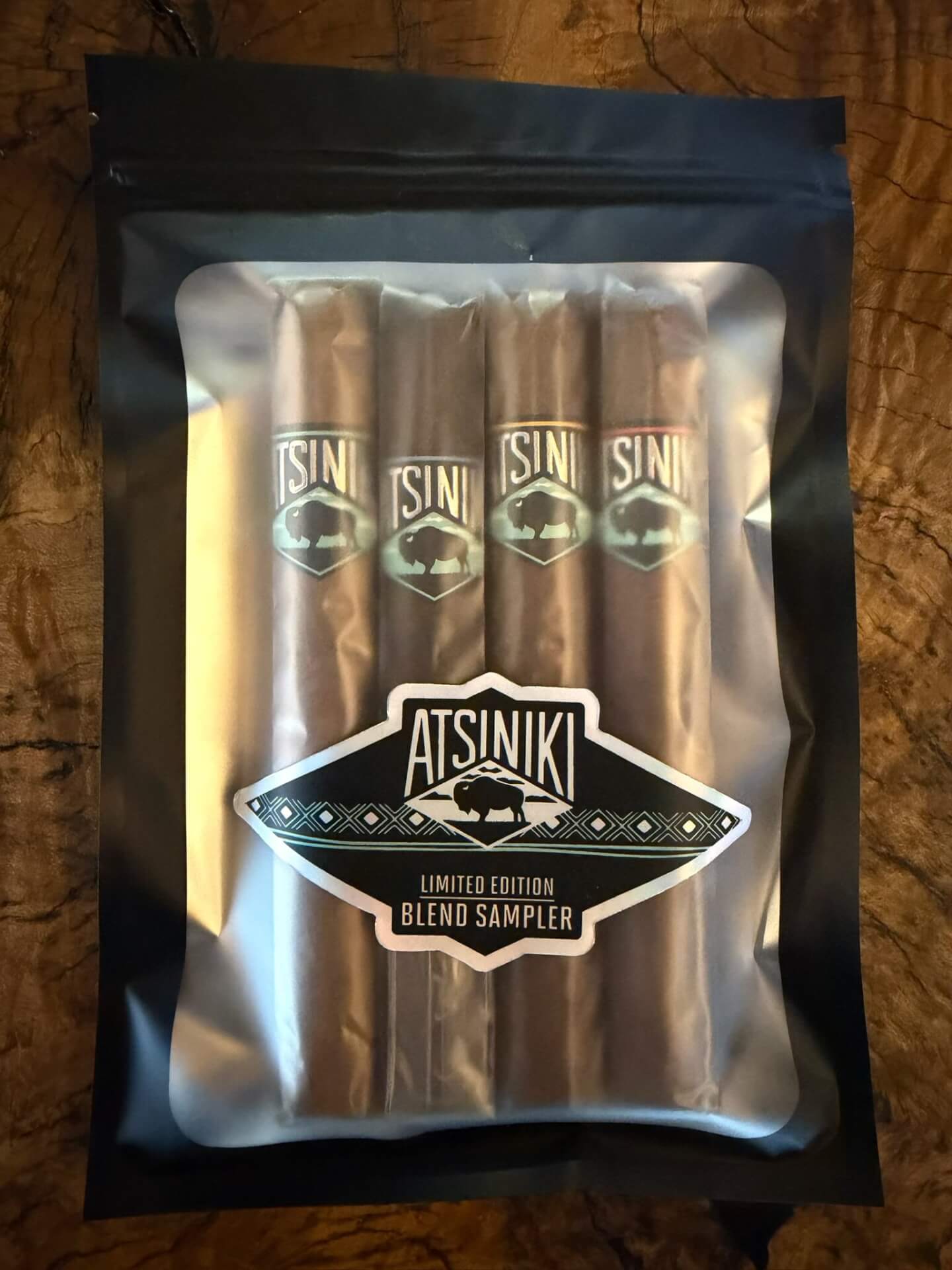 Atsiniki Blend Sampler with four Toro cigars in a resealable pouch